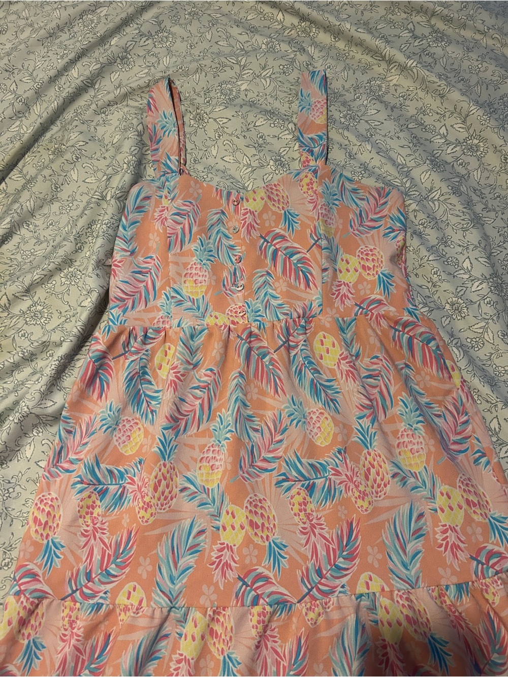 Simply Southern Peach Pineapple Print Sundress with Blue and Pink Leaves
